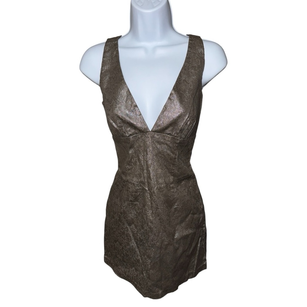 Women’s Vintage Renee C. Gold Metallic Deep V Mini Dress - M